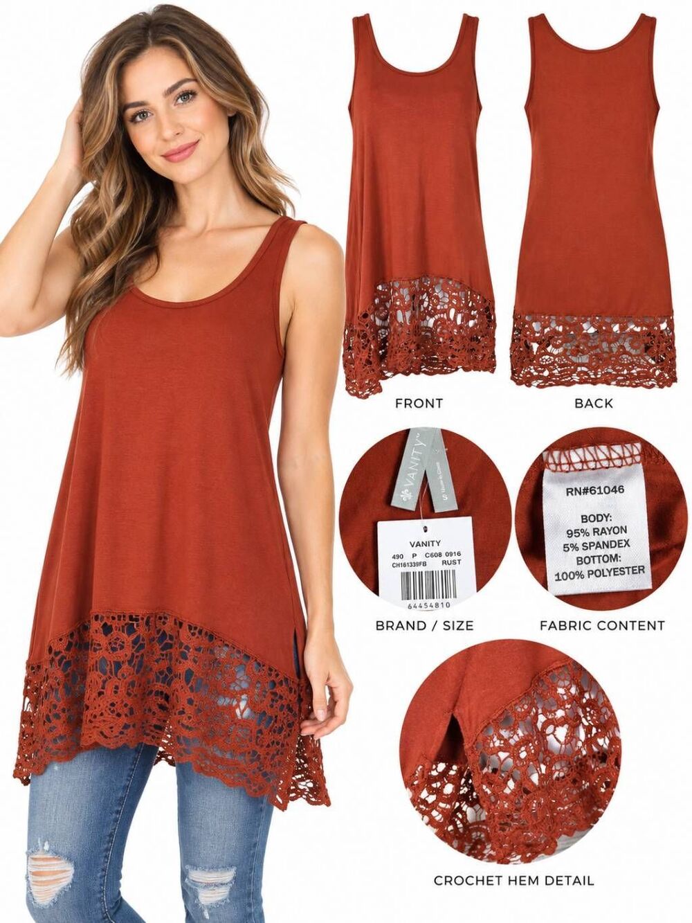 Vanity Rust Sleeveless Tank Top with Crochet Hem Size S NWT